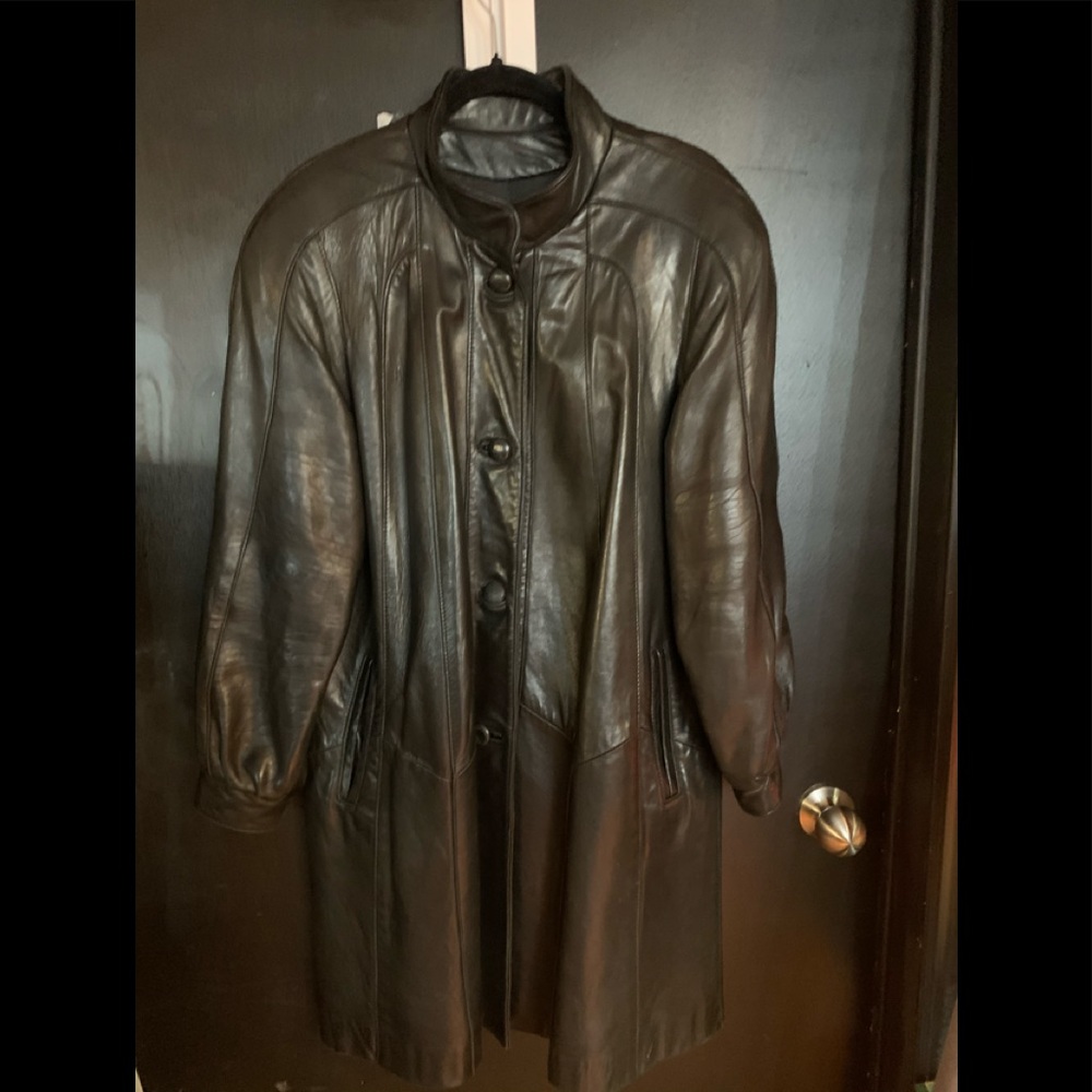 Vintage Black Leather Long Women's Coat